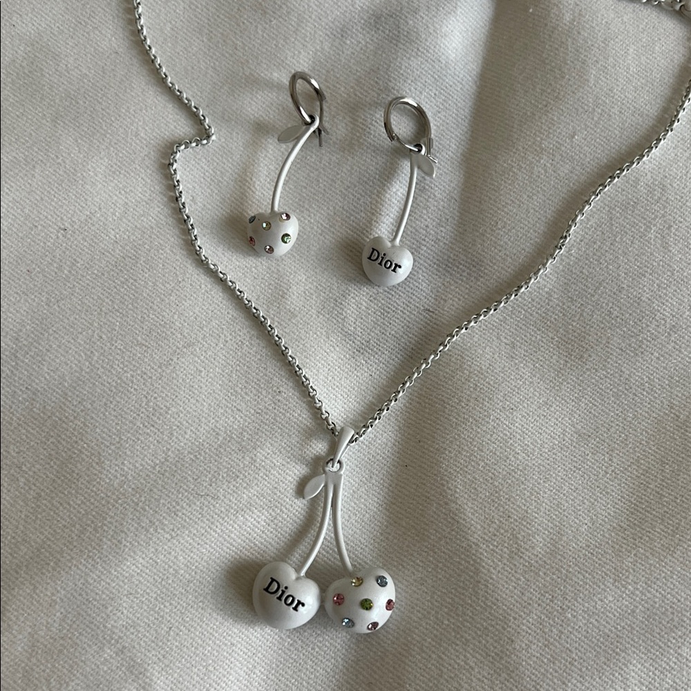 Dior White Cherry Necklace and Earrings with Multicolor Crystal Accents